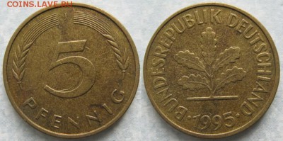 26.Ходячка ФРГ 5 пфеннигов 1949-1995г. - 26.40. -ФРГ 5 пфеннигов 1995 J    6789