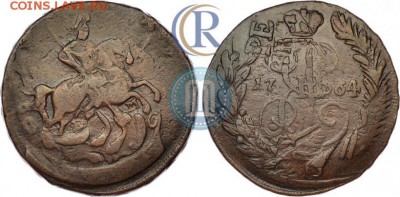 Две копейки 1764 года. Перечекан с 4 копейки 1762 года. - 64в