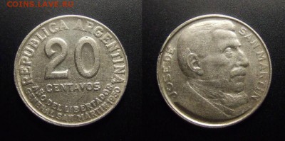 МОНЕТЫ МИРА 07-17 - Аргентина – 20 сентаво (1950) «100-летие со дня смерти Хосе де Сан Мартина»