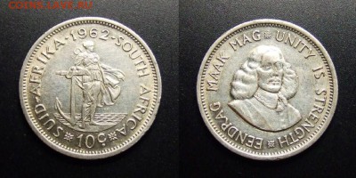 МОНЕТЫ МИРА 07-17 - ЮАР – 10 центов (1962) «Древнеримская богиня; исследователь Ян ван Рибек» (Ag)
