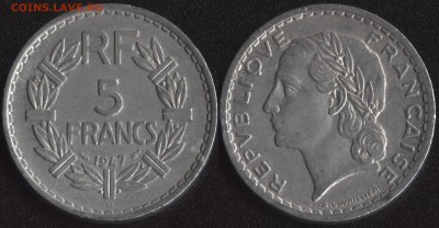 56 иностранных монет до 1950 года по ФИКСу - Франция 5 франков 1947 B