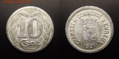 МОНЕТЫ МИРА 07-17 - Франция (Эврё) – 10 сантимов (1921) алюм. (токен) (XF)