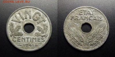 МОНЕТЫ МИРА 07-17 - Франция – 20 сантимов (1941) «Режим Виши (VINGT)» цинк №1