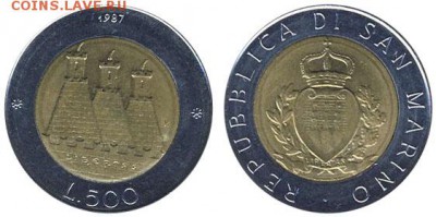 Биметалл!! Сан Марино 500 лир 1987 - 1486