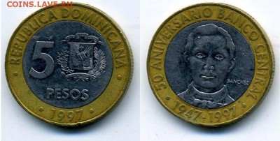 Биметалл Доминикана 10 песо 5 песо 5 песо 1997 - 5_peso_dominikanskaja_respublika_1997_bimetall