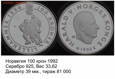 Хоккей на монетах - Норвегия 100 крон 1992