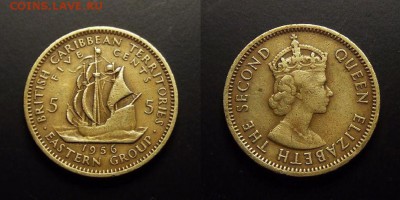 МОНЕТЫ МИРА 07-17 - Восточные Карибы – 5 центов (1956) «Парусник; Елизавета II»