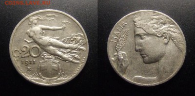 МОНЕТЫ МИРА 07-17 - Италия – 20 чентезимо (1911) «Парящая древнеримская богиня»