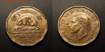 МОНЕТЫ МИРА 07-17 - Канада – 5 центов (1942) «Бобр; Георг VI»