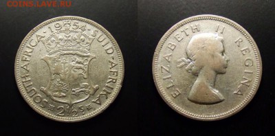 МОНЕТЫ МИРА 07-17 - Южная Африка – 2,5  шиллинга (1954) «Герб; Елизавета II» (Ag)