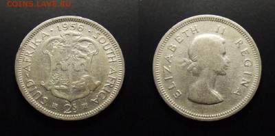 МОНЕТЫ МИРА 07-17 - Южная Африка – 2 шиллинга (1956) «Герб; Елизавета II» (Ag)