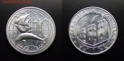 МОНЕТЫ МИРА 07-17 - Сан-Марино – 10 лир (1992) «500-летие открытия Америки; парусник и дельфин»