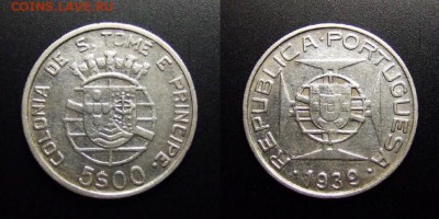 МОНЕТЫ МИРА 07-17 - Португ. Сан-Томе и Принсипи (колония) – 5 эскудо (1939) (Ag)