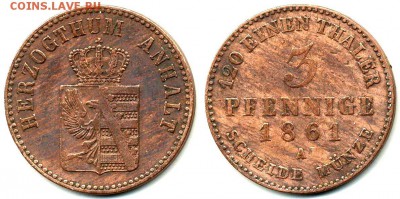 Медь Саксония, - Анхальт-Бернбург 3 пфеннига 1861 А КМ-98 250