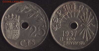 с 200 руб. Испания 4 монеты до 22:00мск 25.08.17 - Испания 25 сентимо 1937