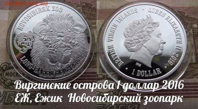 Виргинские ос-ва 1 доллар 2016 Ежик  Новосибирский зоопарк - э