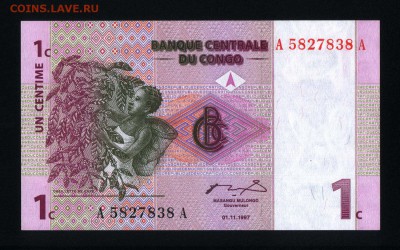Конго 1 сантим 1997 unc до 02.09.17. 22:00 мск - 2