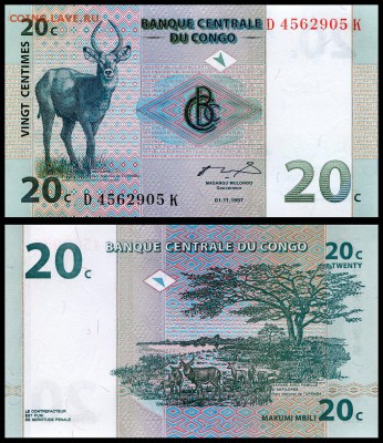 С рубля. Конго 20 сантимов 1997г. UNC.  до 01.09. в 22:00мск - Конго 20