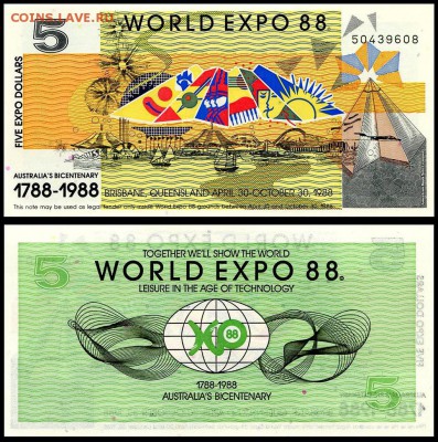 Австралия 5 долларов 1988 г. UNC. до 06.09.17г. в 22:00 мск - ЭКСПО-_5_1200