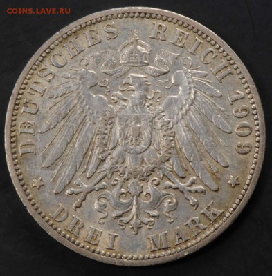 Германия, 3 марки 1909 А, отличная. С 1000. До 10.09 - 016