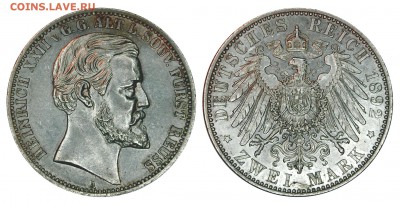 Коллекционные монеты форумчан , Кайзеррейх 1871-1918 (2,3,5) - 2 mark 1892 Reuss Altere line.JPG