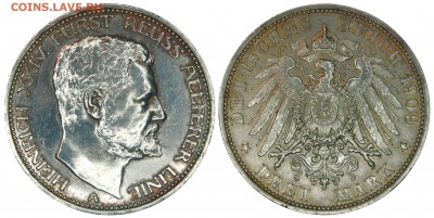Коллекционные монеты форумчан , Кайзеррейх 1871-1918 (2,3,5) - 3 mark 1909 Altere line.JPG