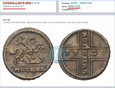 Крестовая копейка 1729 год. - 1 копейка 1729 го