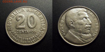 МОНЕТЫ МИРА 10-17 - Аргентина – 20 сентаво (1950) «100-летие со дня смерти Хосе де Сан Мартина» №1