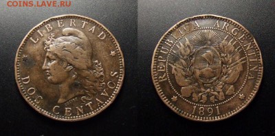 МОНЕТЫ МИРА 10-17 - Аргентина – 2 сентаво (1891)
