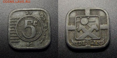 МОНЕТЫ МИРА 10-17 - Нидерланды – 5 центов (1941) «Немецкая оккупация» цинк №1