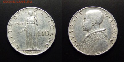 МОНЕТЫ МИРА 10-17 - Ватикан – 10 лир (1952) «Пруденция – богиня мудрости»