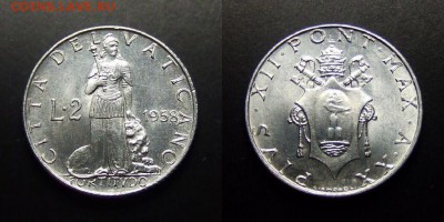 МОНЕТЫ МИРА 10-17 - Ватикан – 2 лиры (1958) «Фортитудо – богиня мужества»