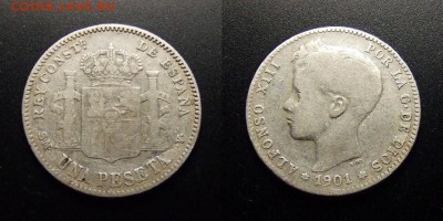 МОНЕТЫ МИРА 10-17 - Испания – 1 песета (1901) «Альфонсо XIII – король Испании» (Ag)