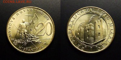 МОНЕТЫ МИРА 10-17 - Сан-Марино – 20 лир (1992) «500-летие открытия Америки; Колумб со знаменем»