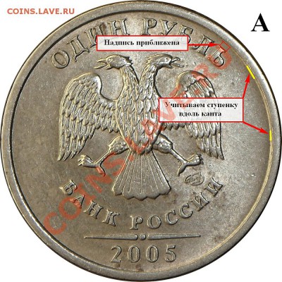 1 рубль 2005 спмд линии почти касаются точки (В или Г???) - 1r05p-A-