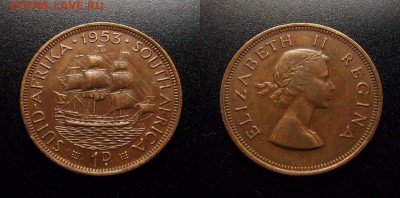 МОНЕТЫ МИРА 10-17 - Южная Африка – 1 пенни (1953) «Парусник; Елизавета II»