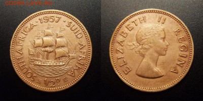 МОНЕТЫ МИРА 10-17 - Южная Африка - 0,5 пенни (1957) «Парусник; Елизавета II»