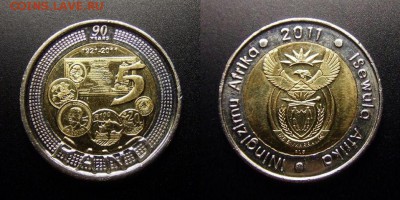 МОНЕТЫ МИРА 10-17 - ЮАР – 5 рэндов (2011) «90 лет Южно-Африканскому Банку» (бм)