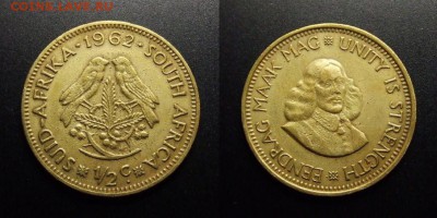 МОНЕТЫ МИРА 10-17 - ЮАР – 0,5 цента (1962) «Воробьи; исследователь Ян ван Рибек»