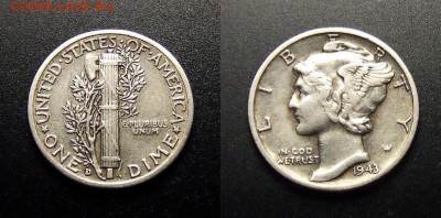 МОНЕТЫ МИРА 10-17 - США – 1 дайм (1943 D) «Меркурий» (Аg)