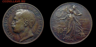 5 centesimi 1918 и 10 centesimi 1866, Италия. - 10CentVEIII_Cinquantenario_1911