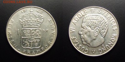 МОНЕТЫ МИРА 10-17 - Швеция – 1 крона (1968 U) «Густав VI» (Ag)