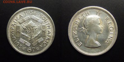 МОНЕТЫ МИРА 10-17 - Южная Африка – 6 пенсов (1956) «Елизавета II» (Ag)