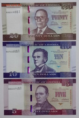 Либерия.Набор 3 боны (5,10,20 долларов 2016г) до 22.00 10.10 - Либерия. Набор 1
