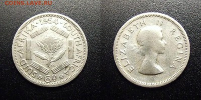 МОНЕТЫ МИРА 10-17 - Южная Африка – 6 пенсов (1954) «Елизавета II» (Ag)