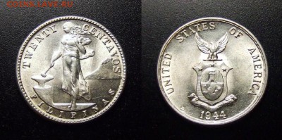 МОНЕТЫ МИРА 10-17 - Филиппины (США) – 20 сентаво (1944 D) (Ag)