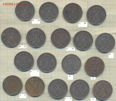 Монеты Швеции 1,2,5 эре 1921 -1950 гг., фикс. аукцион - Швеция 1