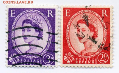 Британия 2 марки 1952-1953 Уайлдинг - почта-марки_Британия-ЕлизаветаII-ER_Уайлдинг-1953-1952_гаш-2шт_лицо