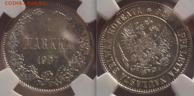 Монеты для Финляндии 1 и 2х марочки и пенни. - 1907-ms64