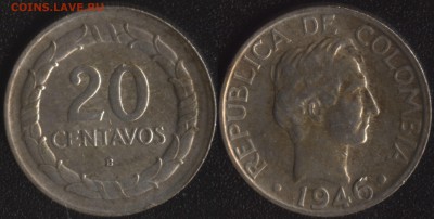 ФИКС! 20 монет мира до 1950 года №3 - Колумбия 20 сентаво 1946 195